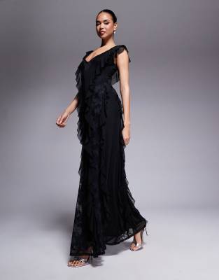 AFRM - Trista - Robe longue en tulle volanté avec empiècements en dentelle - Noir