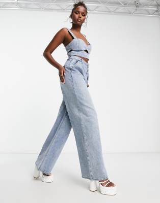 AFRM Turner co-ord wide leg pleated jeans in mid wash blue