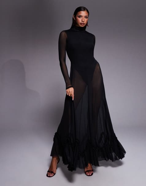 AFRM turtle neck bodysuit ruffle trim sheer overlay maxi dress in black - view 1