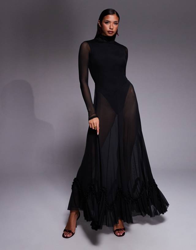 AFRM turtle neck bodysuit ruffle trim sheer overlay maxi dress in