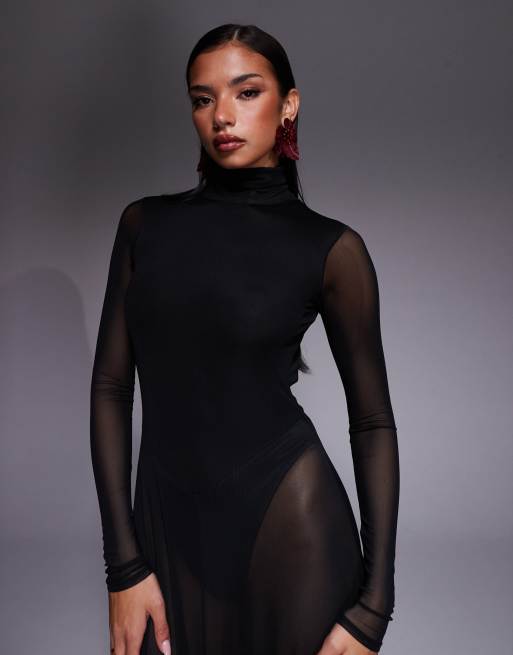 AFRM turtle neck bodysuit ruffle trim sheer overlay maxi dress in black