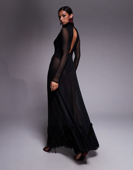 AFRM turtle neck bodysuit ruffle trim sheer overlay maxi dress in black |  ASOS