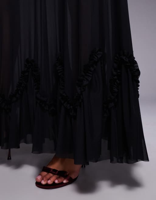 AFRM turtle neck bodysuit ruffle trim sheer overlay maxi dress in black