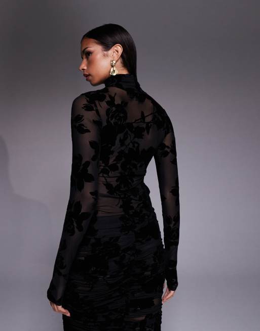 AFRM turtle neck floral flocking details top in black - part of a set, 3 of 4