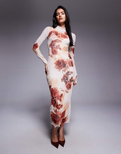 AFRM turtleneck long sleeve midi dress in rose print