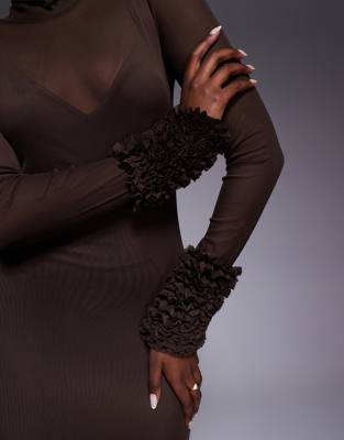 Afrm Turtleneck Midi Dress With Mini Ruffle Sleeves In Brown