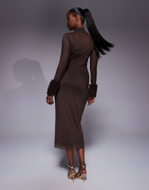 AFRM turtleneck midi dress with mini ruffle sleeves in espresso