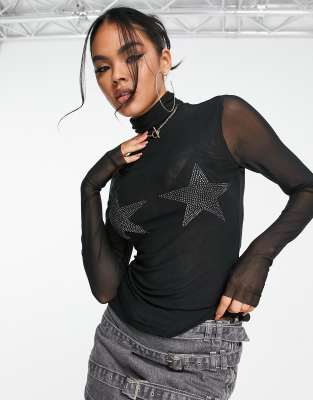 AFRM TURTLENECK STAR EMBELLISHED LONG SLEEVE TOP IN BLACK-MULTI