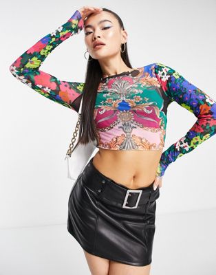 AFRM two print long sleeve mesh top in multi - ASOS Price Checker