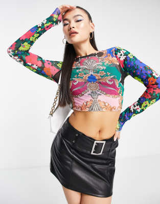 AFRM two print long sleeve mesh top in multi - ASOS Price Checker