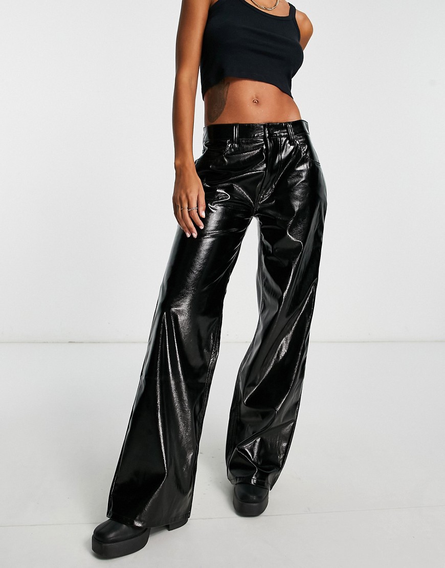 Afrm Ultra Low Rise Faux Leather Wide Leg Pants In Black