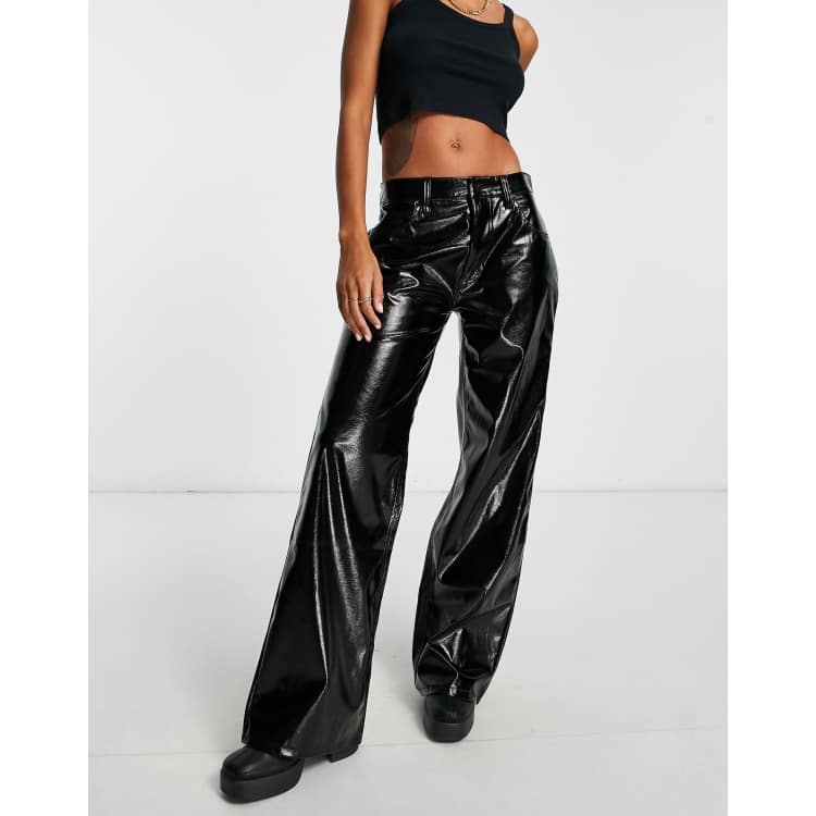 AMILIEe Women Faux Leather Pants Straight Wide Leg Low Rise