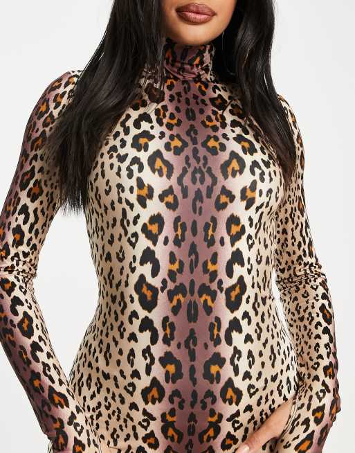 Women's Leopard Print Long Sleeves Polo Turtle Neck Swing Bodycon