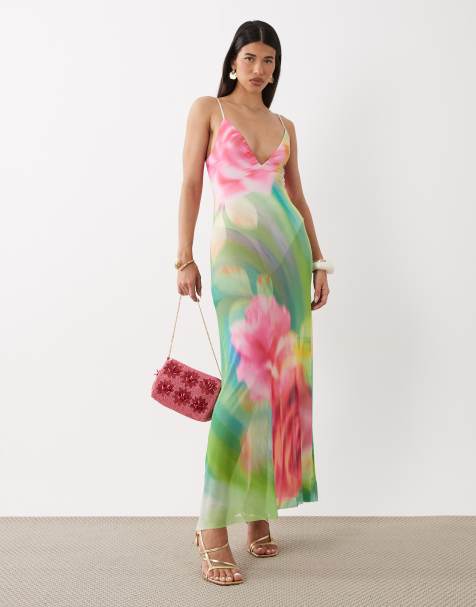 AFRM - Vestido largo verde escotado con escote pronunciado, body integrado y estampado floral de malla Rivka - view 1