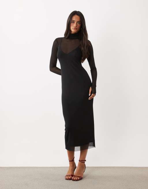 AFRM - Vestido midi bodycon negro con cuello alto de malla y forro tipo camisola, 1 de 4