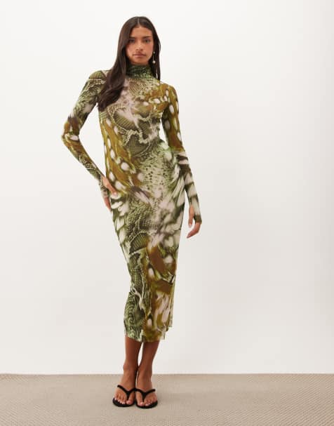 AFRM - Vestido midi de manga larga con cuello alto de malla y estampado de serpiente verde - view 1