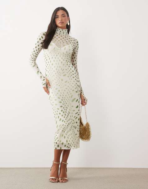 AFRM - Vestido midi de manga larga con cuello alto de malla y lunares verde oliva - view 1