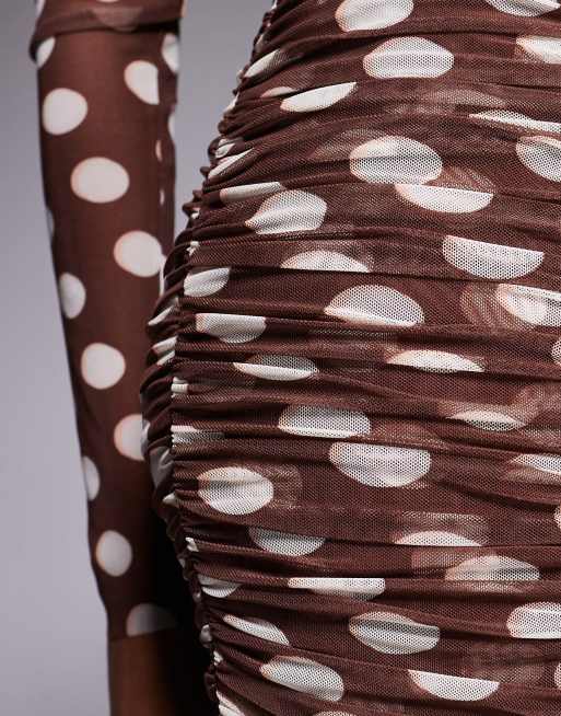 AFRM - Vestito corto a maniche lunghe color cioccolato a pois con scollo profondo, 3 di 4
