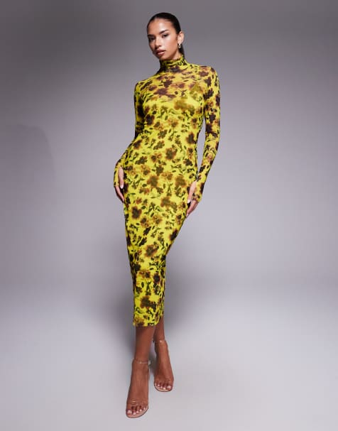 AFRM - Vestito in rete a maniche lunghe verde lime con stampa a fiori con gonna al polpaccio e collo alto - view 1