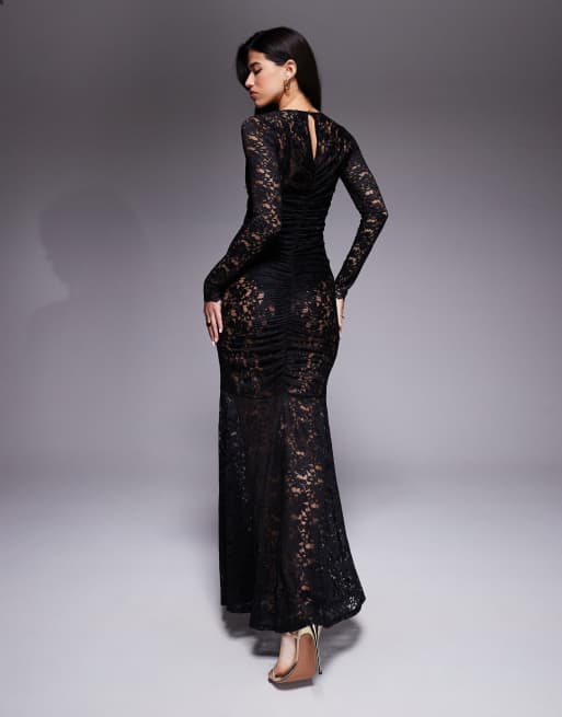 AFRM - Vestito lungo a maniche lunghe in pizzo nero con arricciature e body incorporato, 2 di 4