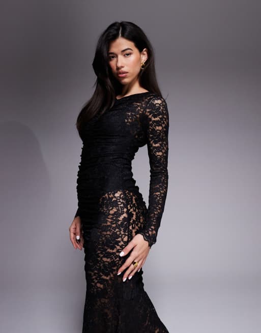 AFRM - Vestito lungo a maniche lunghe in pizzo nero con arricciature e body incorporato, 4 di 4