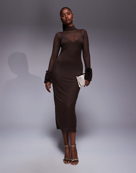 AFRM - Vestito midi con collo alto e maniche con volant piccoli marrone espresso - view 1