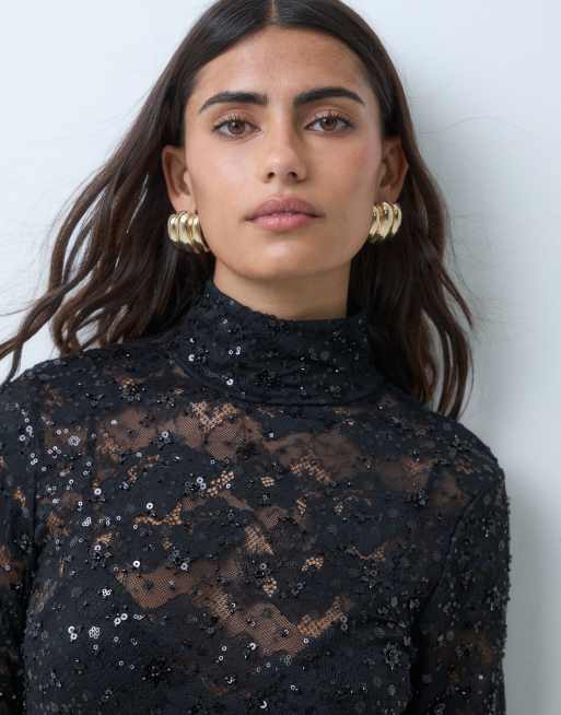 AFRM vestito midi in pizzo con perline, foderato, a collo alto, nero, 3 di 5