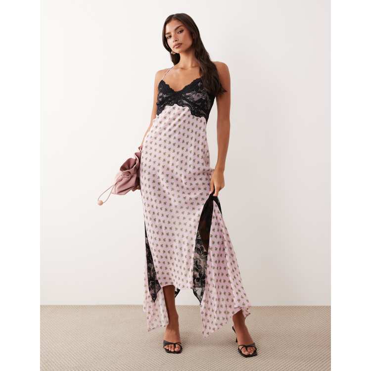 AFRM Vince printed mesh lace detail cross back midi dress in pink