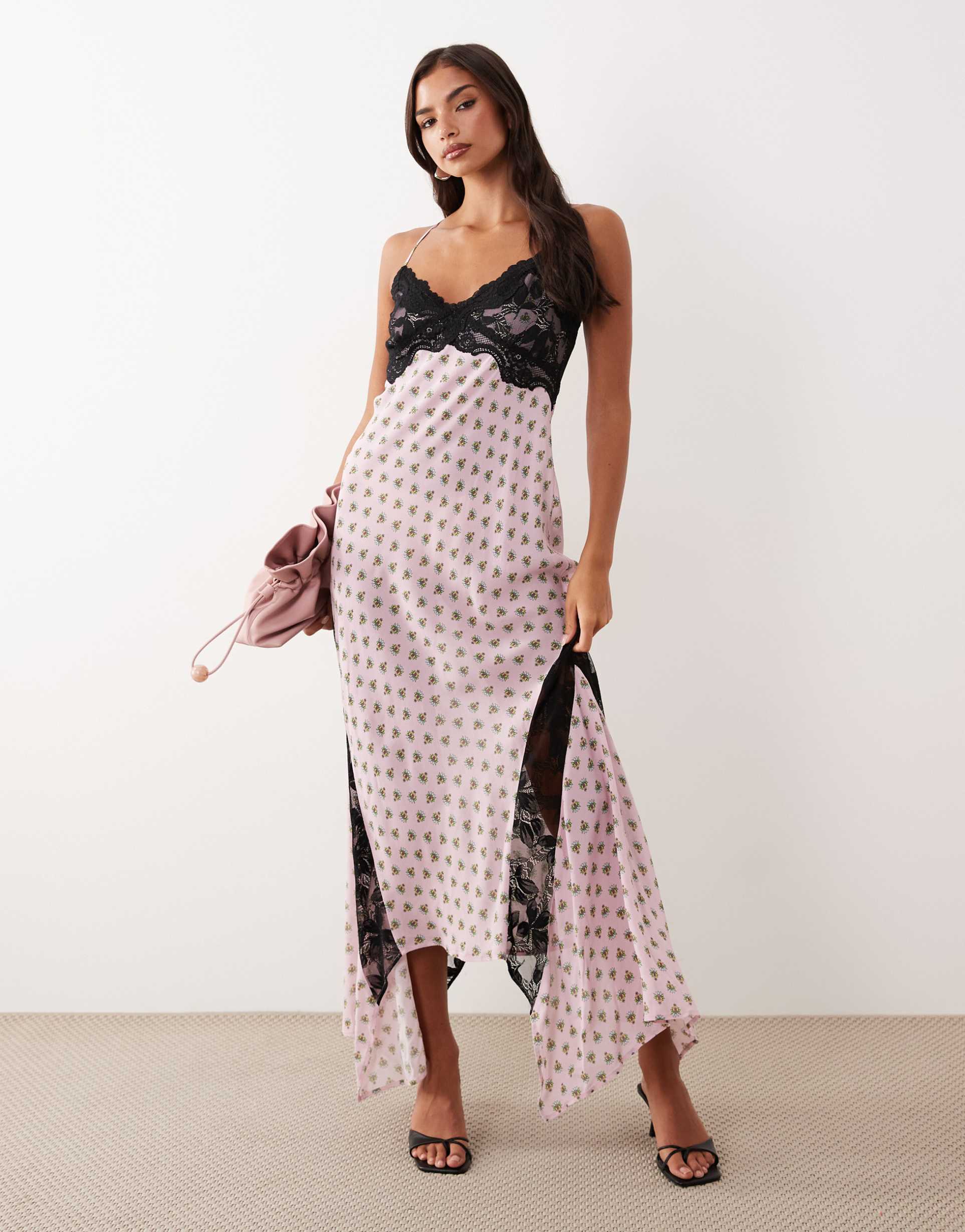 afrm vince printed mesh lace detail cross back midi dress in pink polka dot