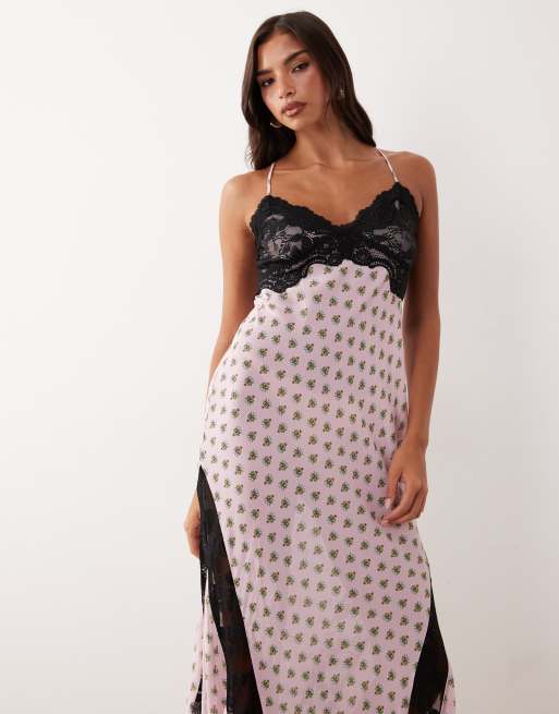 AFRM Vince printed mesh lace detail cross back midi dress in pink polka dot, 3 of 4