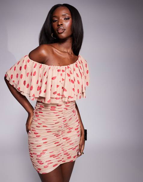 AFRM Vivian ruched mini dress with one shoulder ruffle detail in almond kiss