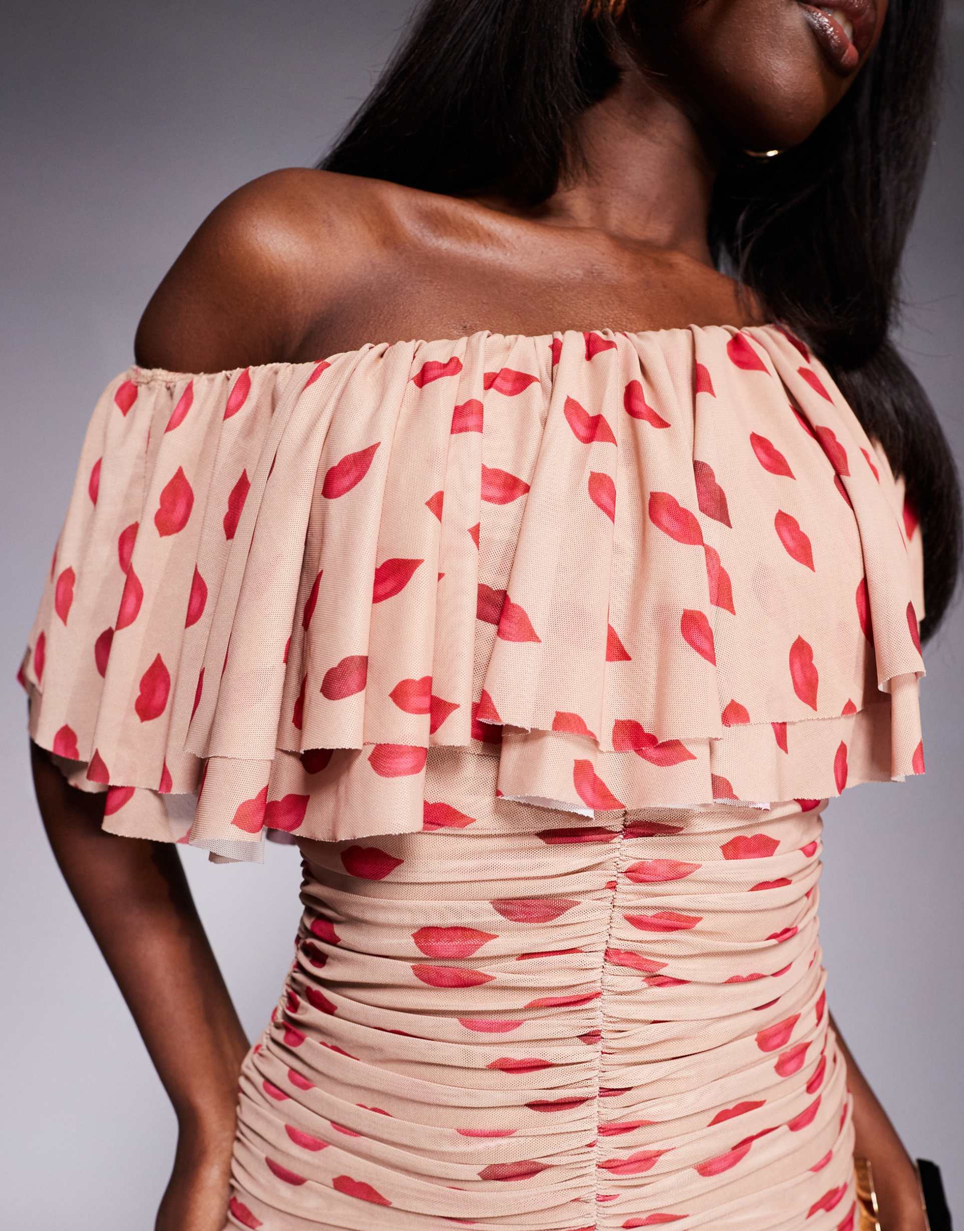 afrm vivian ruched mini dress with one shoulder ruffle detail in almond kiss