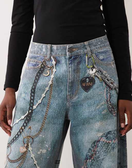 AFRM Walker broek met printdetail, hoge taille, barrel model in middenblauwe wassing, 5 van 5