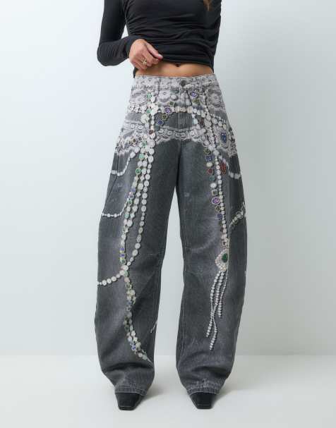 AFRM Walker cotton printed jewel printed denim barrel pant in gray - view 1