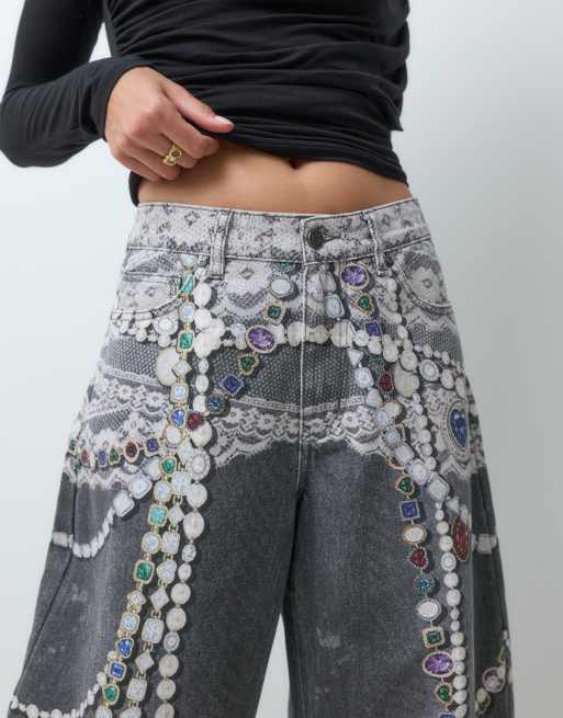 AFRM Walker cotton printed jewel printed denim barrel pant in grey, 2 of 5