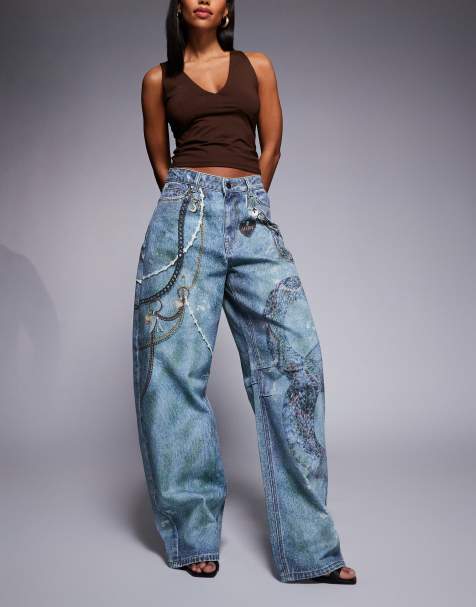 AFRM Walker mid rise barrel leg jeans in digital chain print - view 1