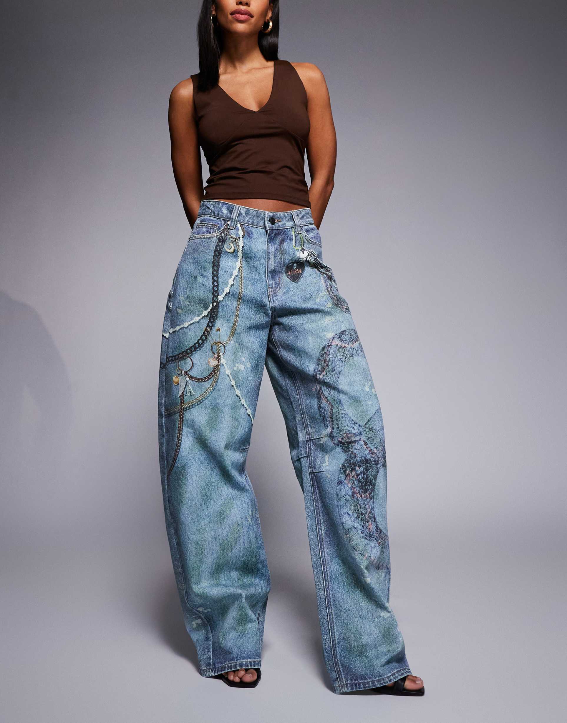 afrm walker mid rise barrel leg jeans in digital chain print
