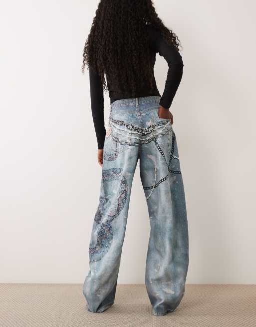 AFRM Walker print detail high rise five detail barrel pant in mid blue wash, 4 of 5