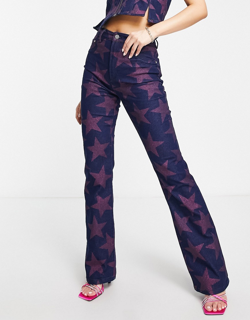 Afrm Washed Denim Star Print Bootcut Jeans In Multi - Part Of A Set