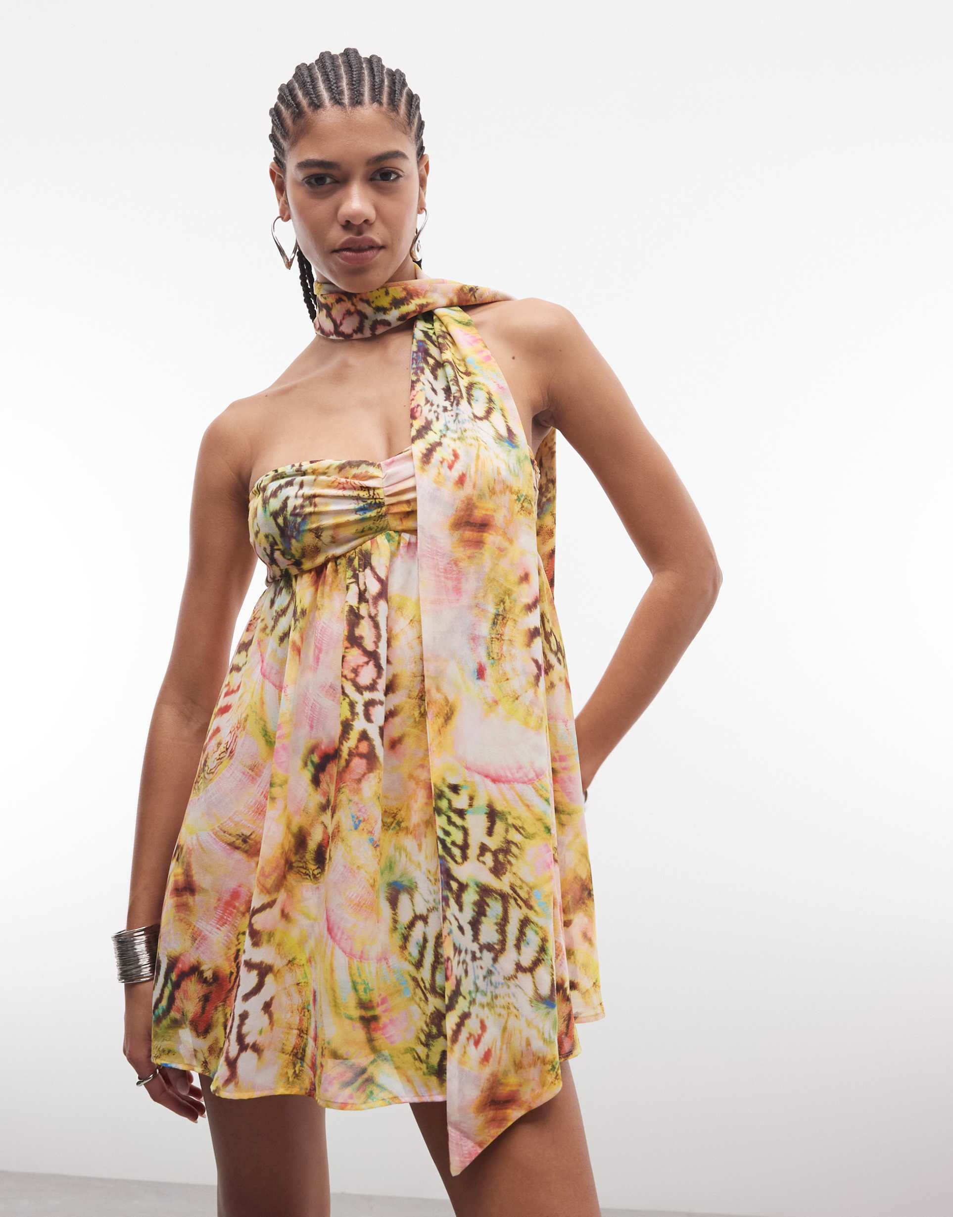 afrm whyte detachable scarf detail bandeau mini dress in pink multi print