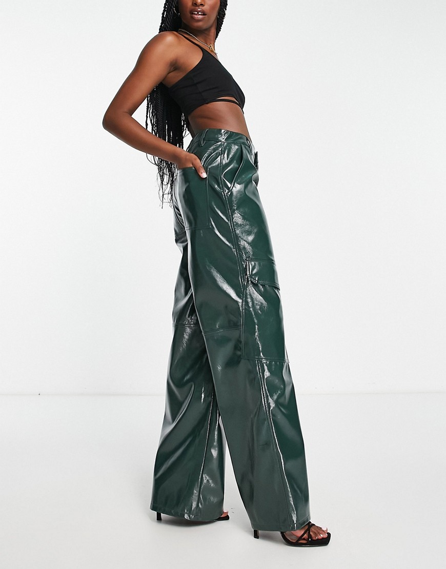 AFRM wide leg faux leather cargo trouser in dark green