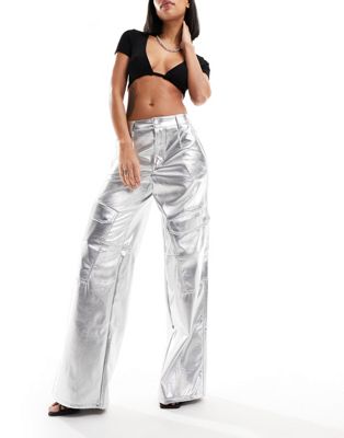 AFRM wynn co-ord wide leg cargo trousers in silver faux leather - ASOS Price Checker