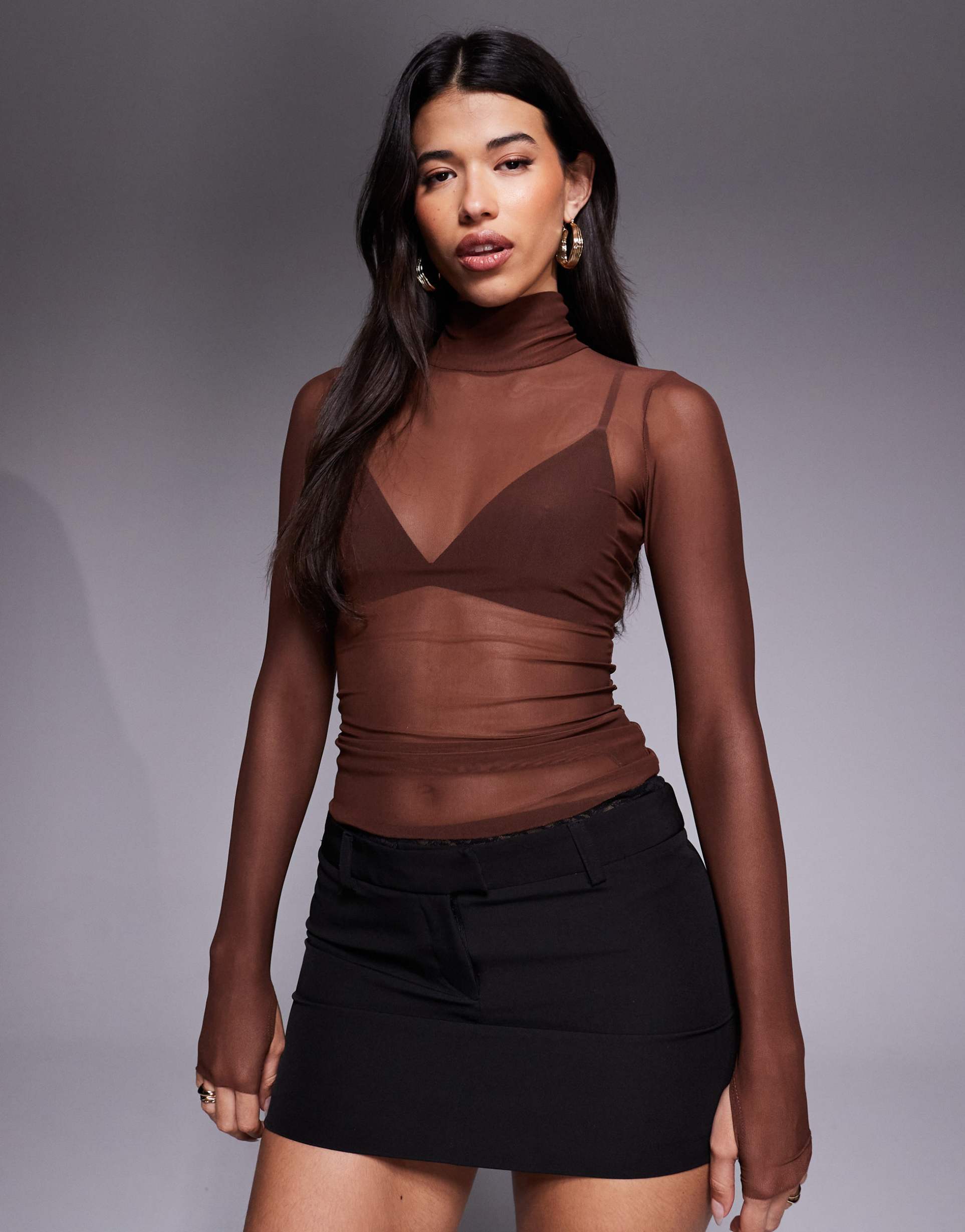 afrm zadia high neck mesh top in cappucino