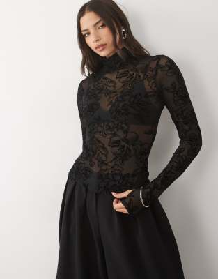 Afrm Zadie Flocked Mesh Long Sleeve Lace Top In Black