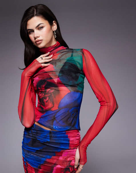 AFRM - Zadie - Hoogsluitende top van mesh met vervaagde bloemenprint in rood, deel van co-ord set - view 1