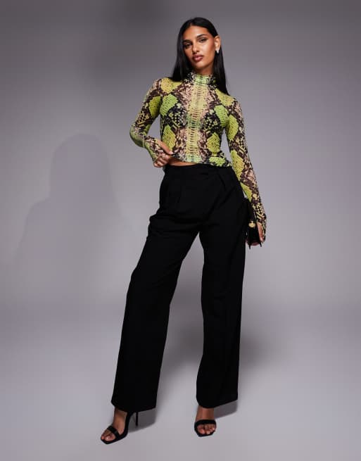 AFRM Zadie long sleeve mesh turtleneck top in lime snake | ASOS