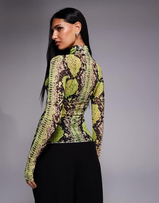 AFRM Zadie long sleeve mesh turtleneck top in lime snake | ASOS