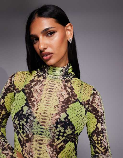 AFRM Zadie long sleeve mesh turtleneck top in lime snake | ASOS