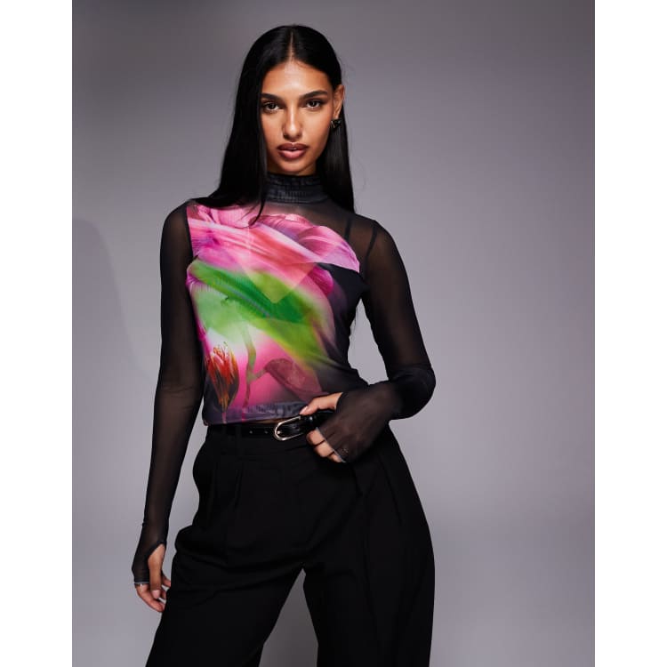 AFRM Zadie long sleeve mesh turtleneck top in pink peony blur | ASOS