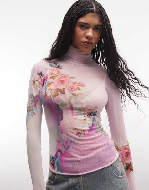 AFRM Zadie long sleeve turtleneck mesh top in pink floral - view 1